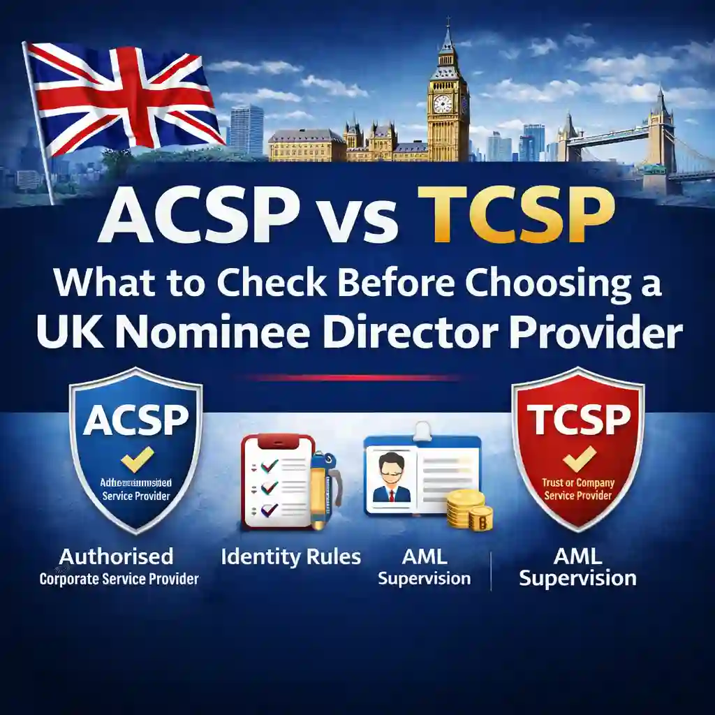 Compliance concept image showing UK nominee director due diligence, ACSP registration and TCSP supervision checks
